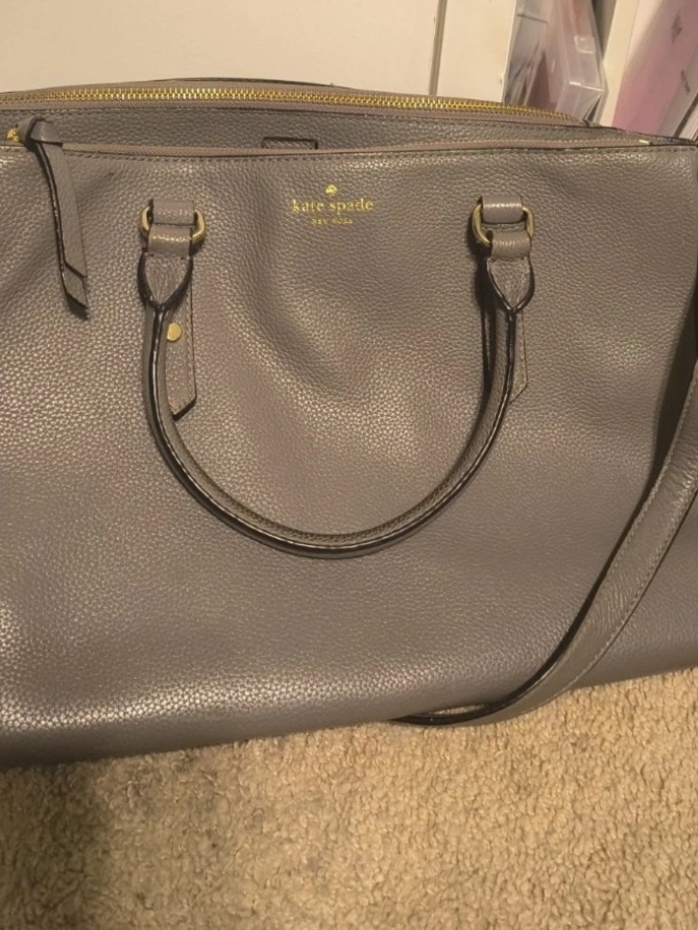 kate spade Gray Pebbled Leather Tote with Gold Hardware